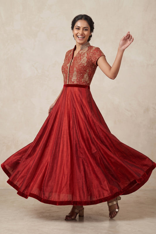 DEEP RED SILK KALIDAR KURTA SET