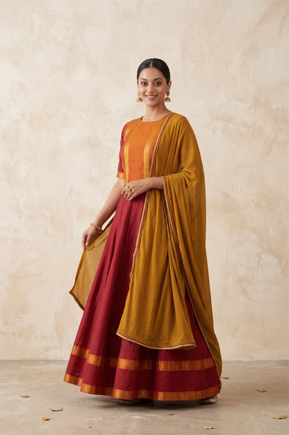 DEEP RED & ORANGE SILK KALIDAR KURTA SET