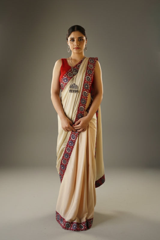Ivory Soft Silk Modal Ajrakh Sari
