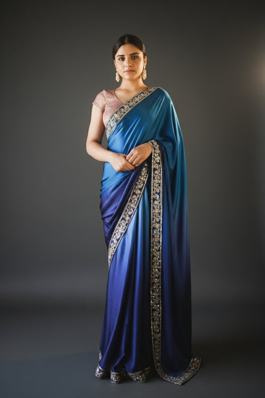 Ocean Blue Ombre Silk Satin Saree
