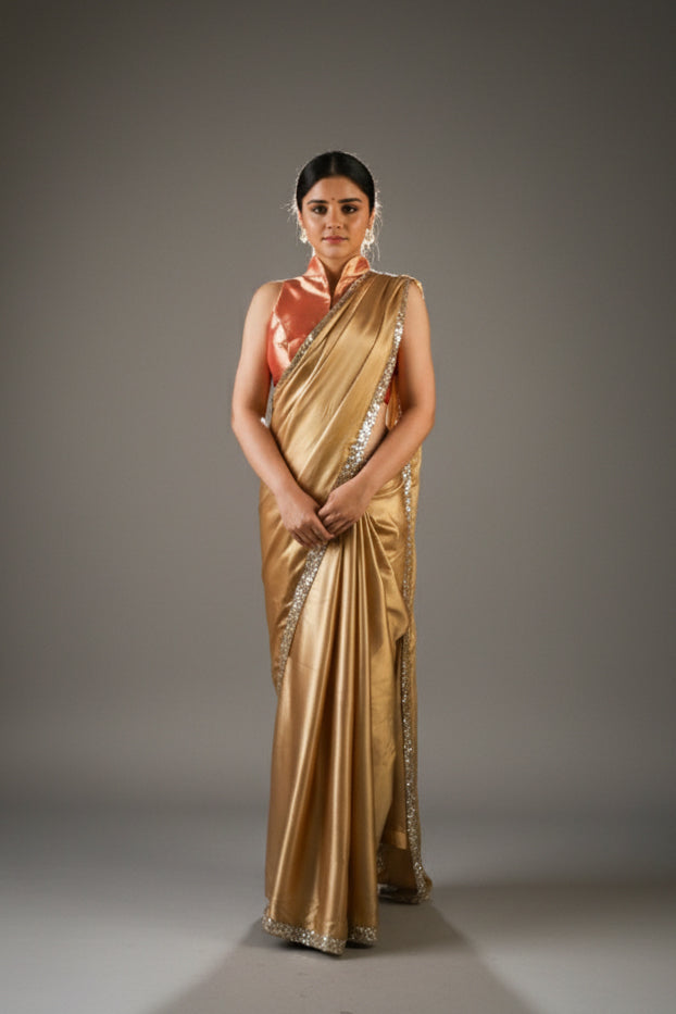 Champagne Gold Chiffon Sparkle Sari