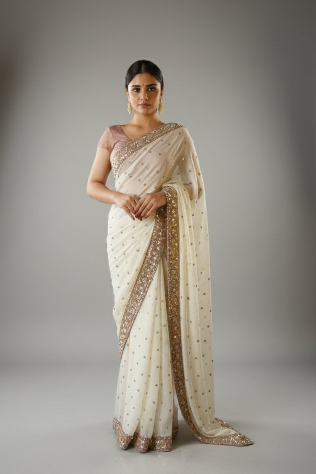 Ivory & Old Rose Tissue Georgette Sari