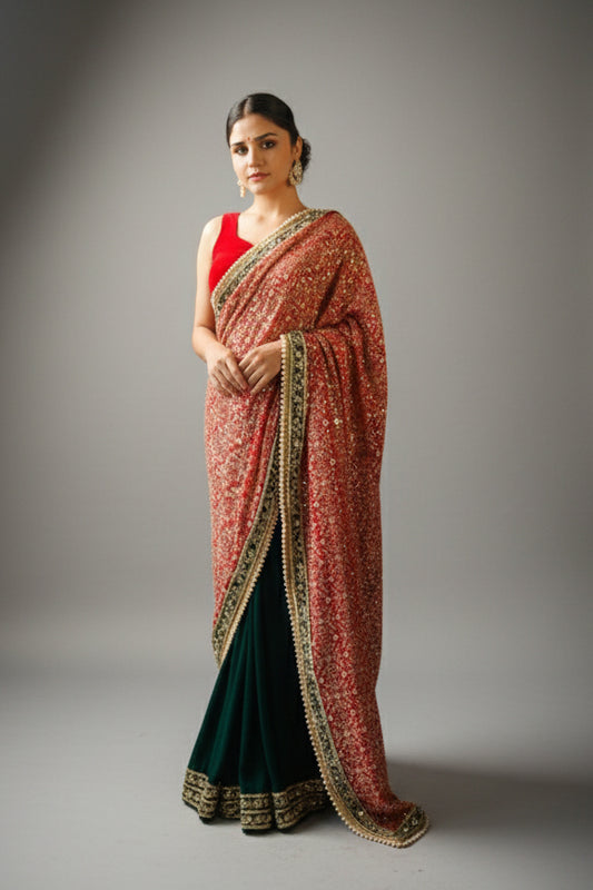 Red & Emerald Green Embellished Sari